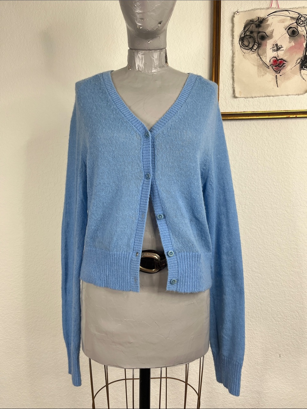Re/Done 60s Slim Cardigan in Skyline Fuzzy Lightweight V Neck